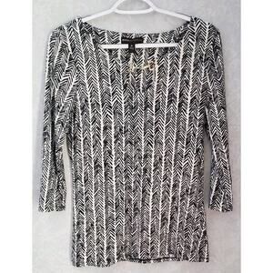 Dana Buchman Black White Blouse Herringbone Design Metal Decor Keyhole Size XS